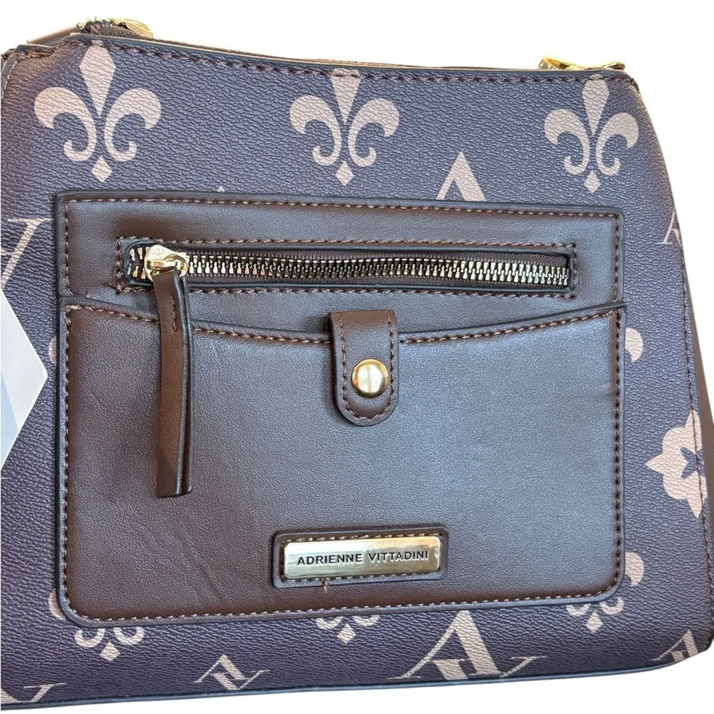 Adrienne Vittadini Crossbody Fleur-de-lis Adjustable Strap Brown Bone NEW‎ $190